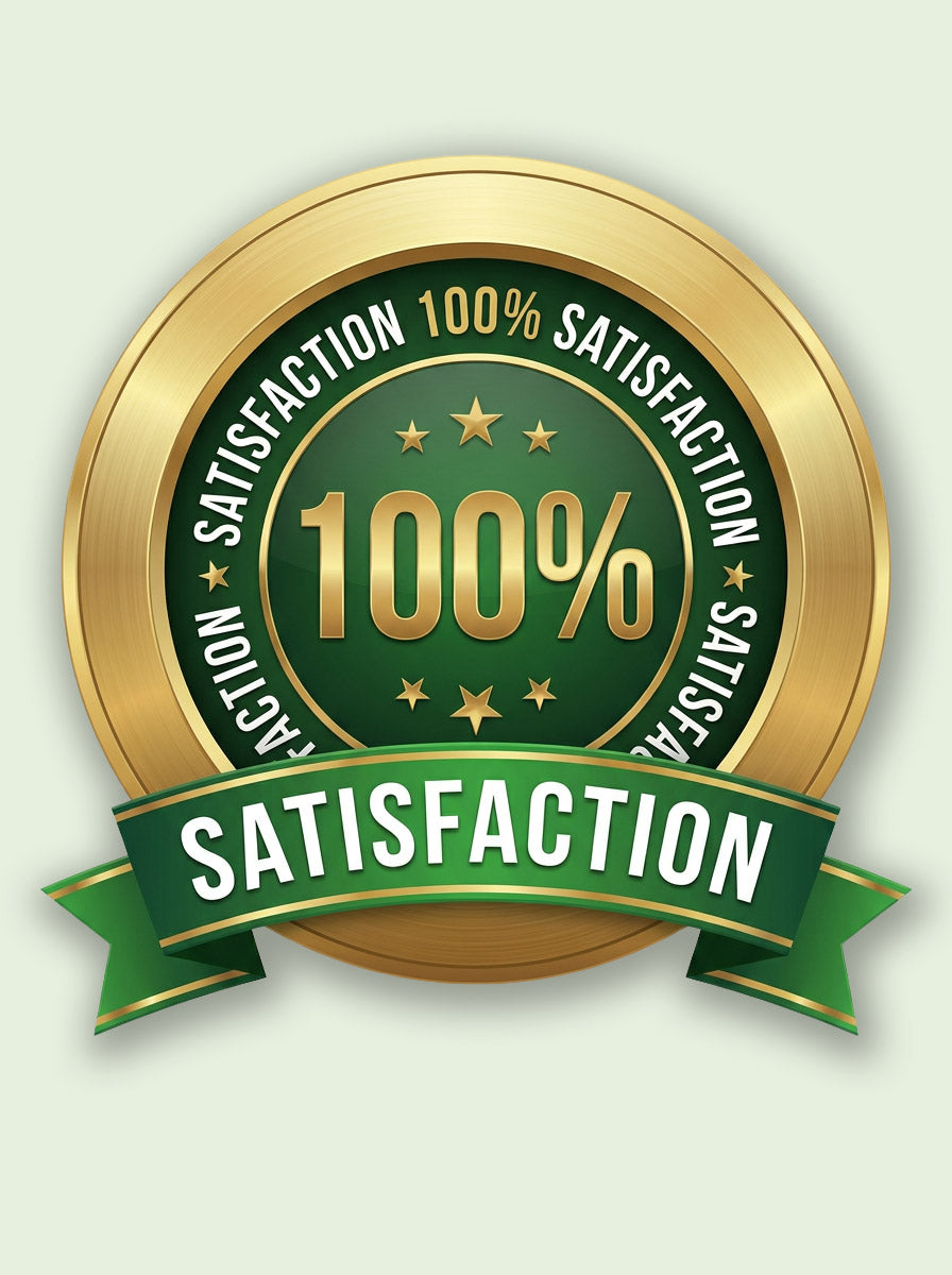 100% satisfaction badge with gold and green colors on a light beige background