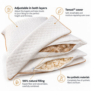An open-layered RealPillo® pillow shown on a white background with callout text in English explaining adjustable layers, a Tencel cover, natural filling and no synthetic materials.