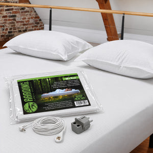 Two white grounding pillows with silver yarn, alongside its retail packaging and power cord. The brand 'Aarding' is visible on the packaging label.