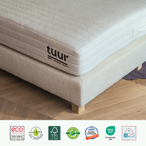 Foto van het Tuur® Original Plus Matras met daaronder al onze certificeringen.