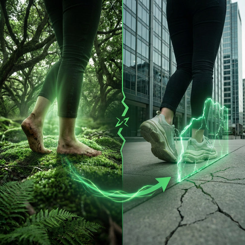 Split image of feet on nature and urban pavement with glowing green energy effects.