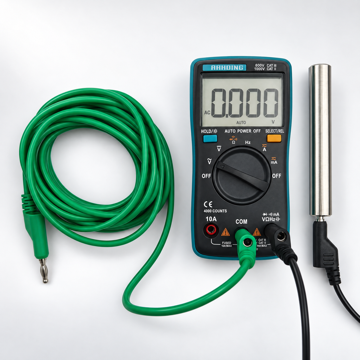 A handheld digital multimeter for body voltage measurement with a green test lead cable and a separate silver metal probe, photographed on a clean white background.