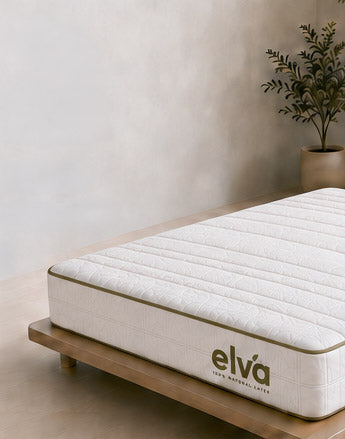 A white quilted Elva® mattress on a wooden platform bed in a minimalist room and a potted plant in the background. The brand name 'Eva®', 100% natural latex' is printed on the side of the mattress.
