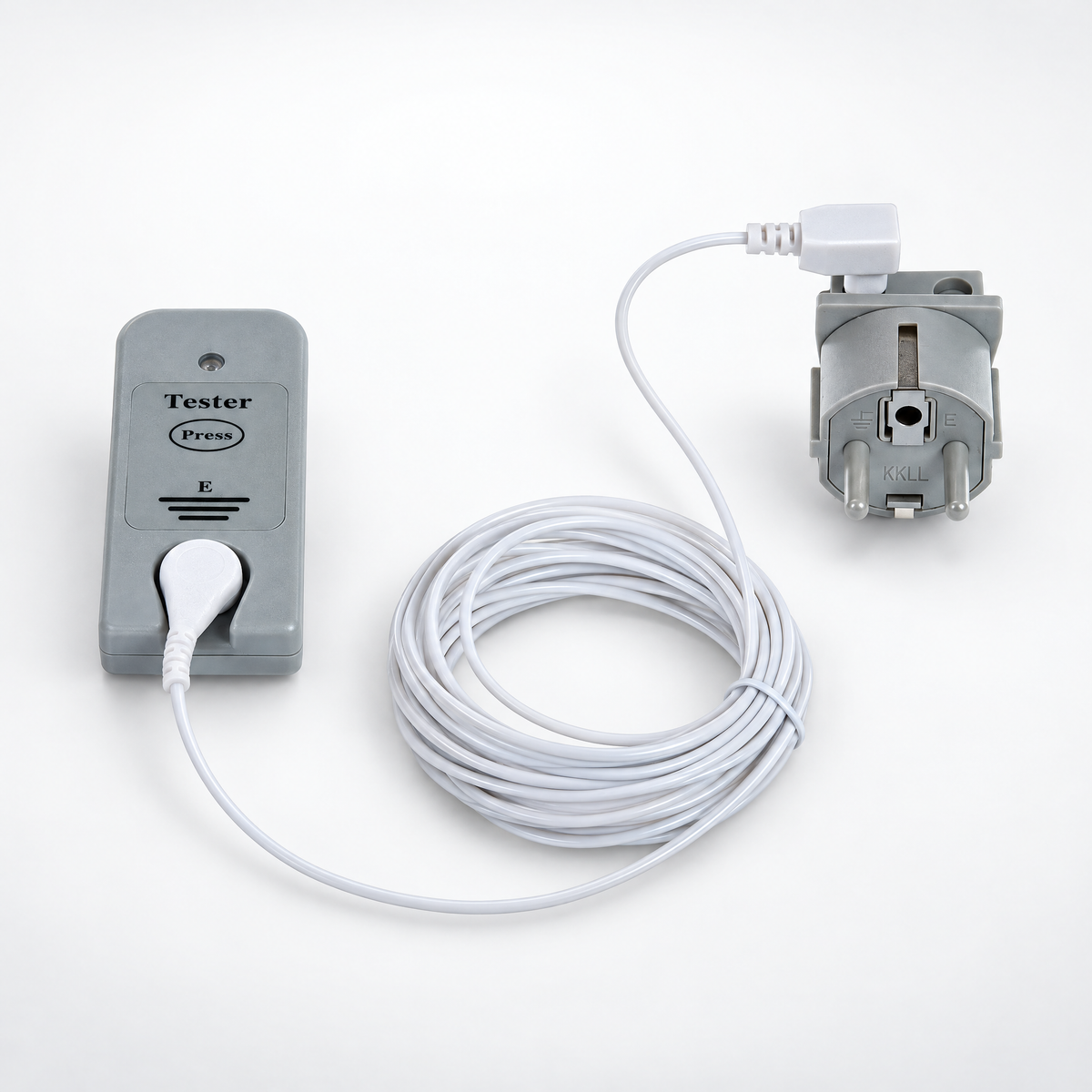 A grounding product tester with cord, connected to an EU adapter on a white background