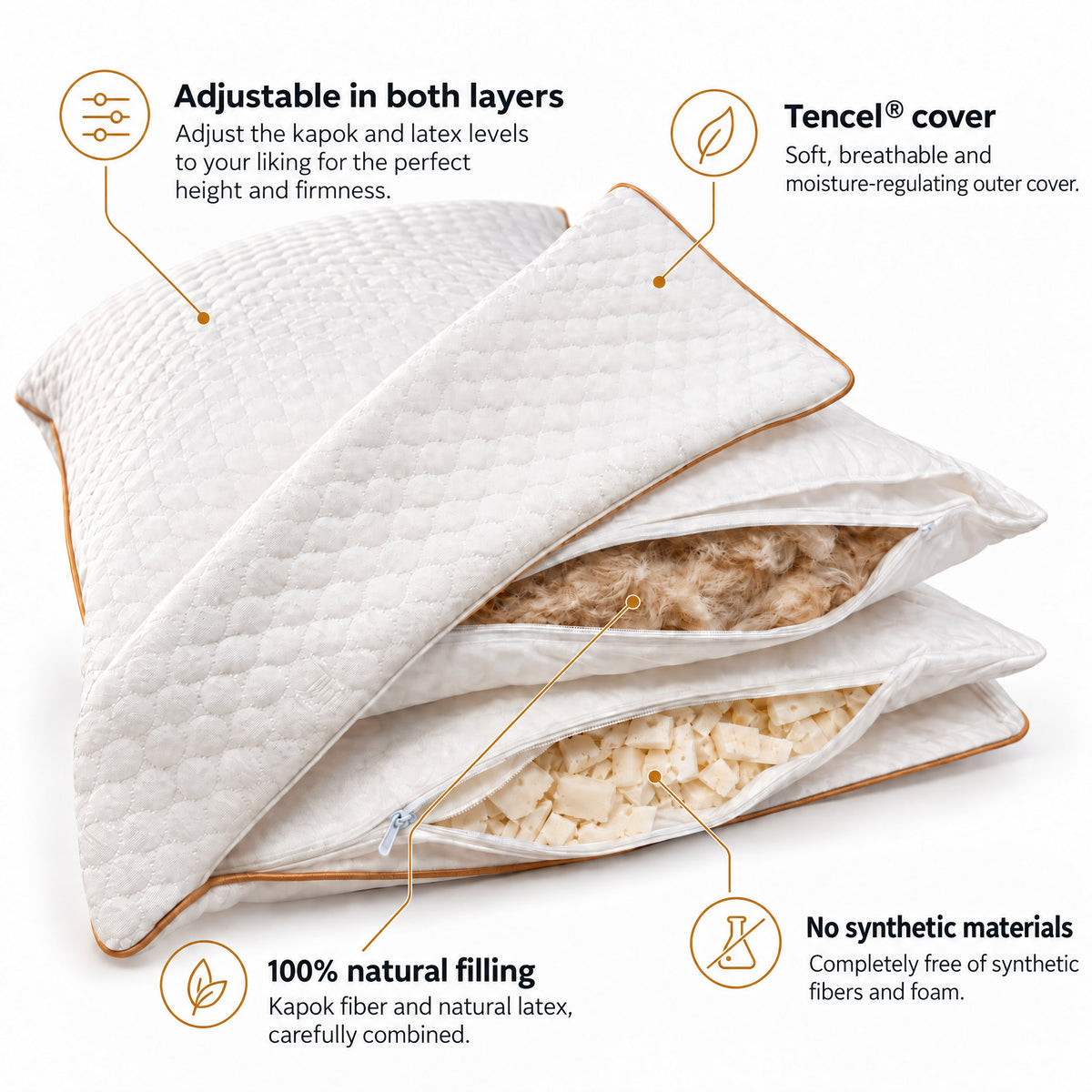 An open-layered RealPillo® pillow shown on a white background with callout text in English explaining adjustable layers, a Tencel cover, natural filling and no synthetic materials.