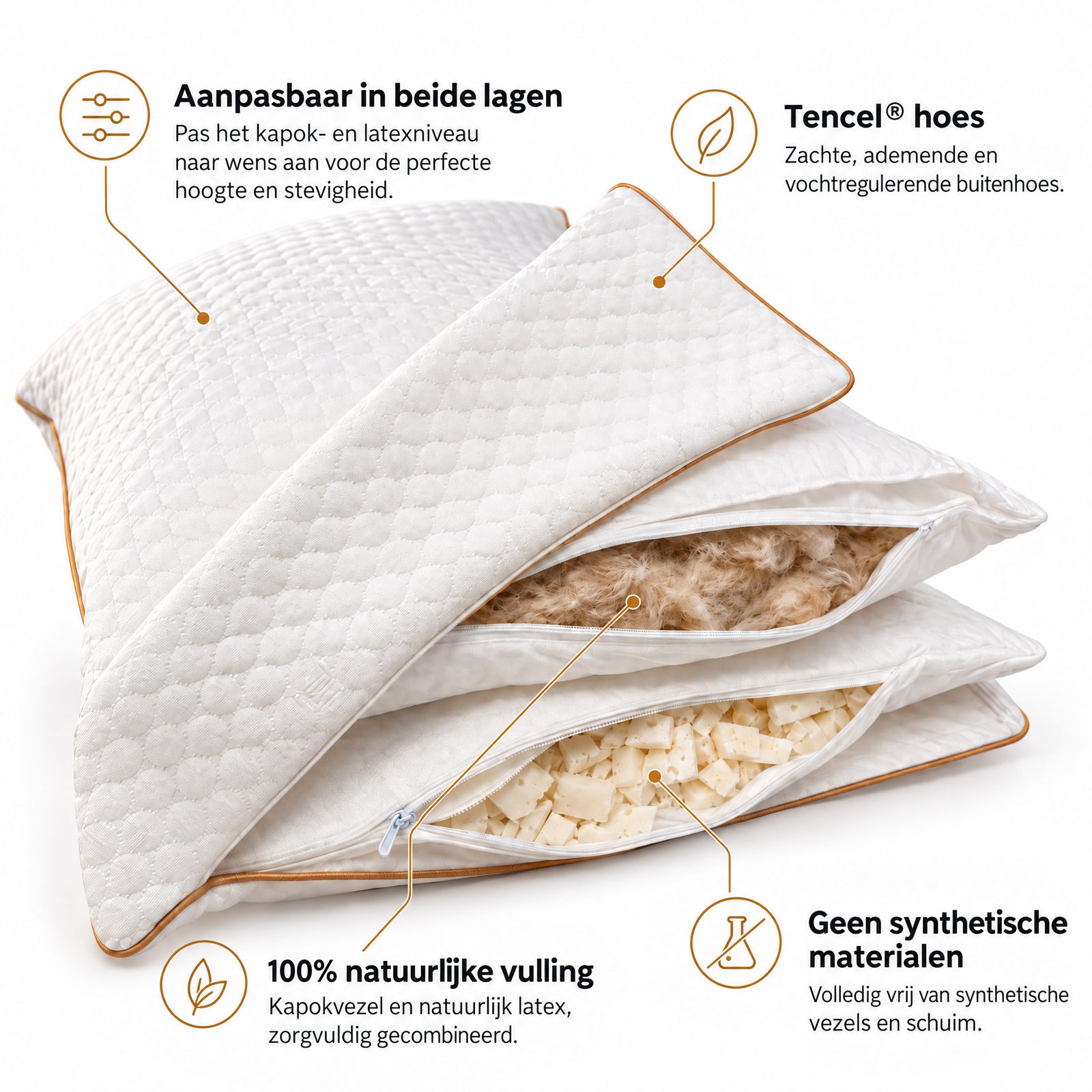 An open-layered RealPillo® pillow shown on a white background with callout text in Dutch explaining adjustable layers, a Tencel cover, natural filling and no synthetic materials. Text in Dutch.