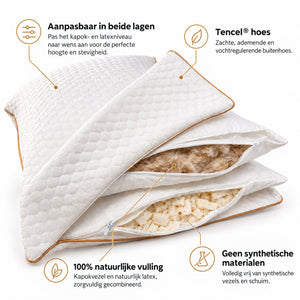 An open-layered RealPillo® pillow shown on a white background with callout text in Dutch explaining adjustable layers, a Tencel cover, natural filling and no synthetic materials. Text in Dutch.