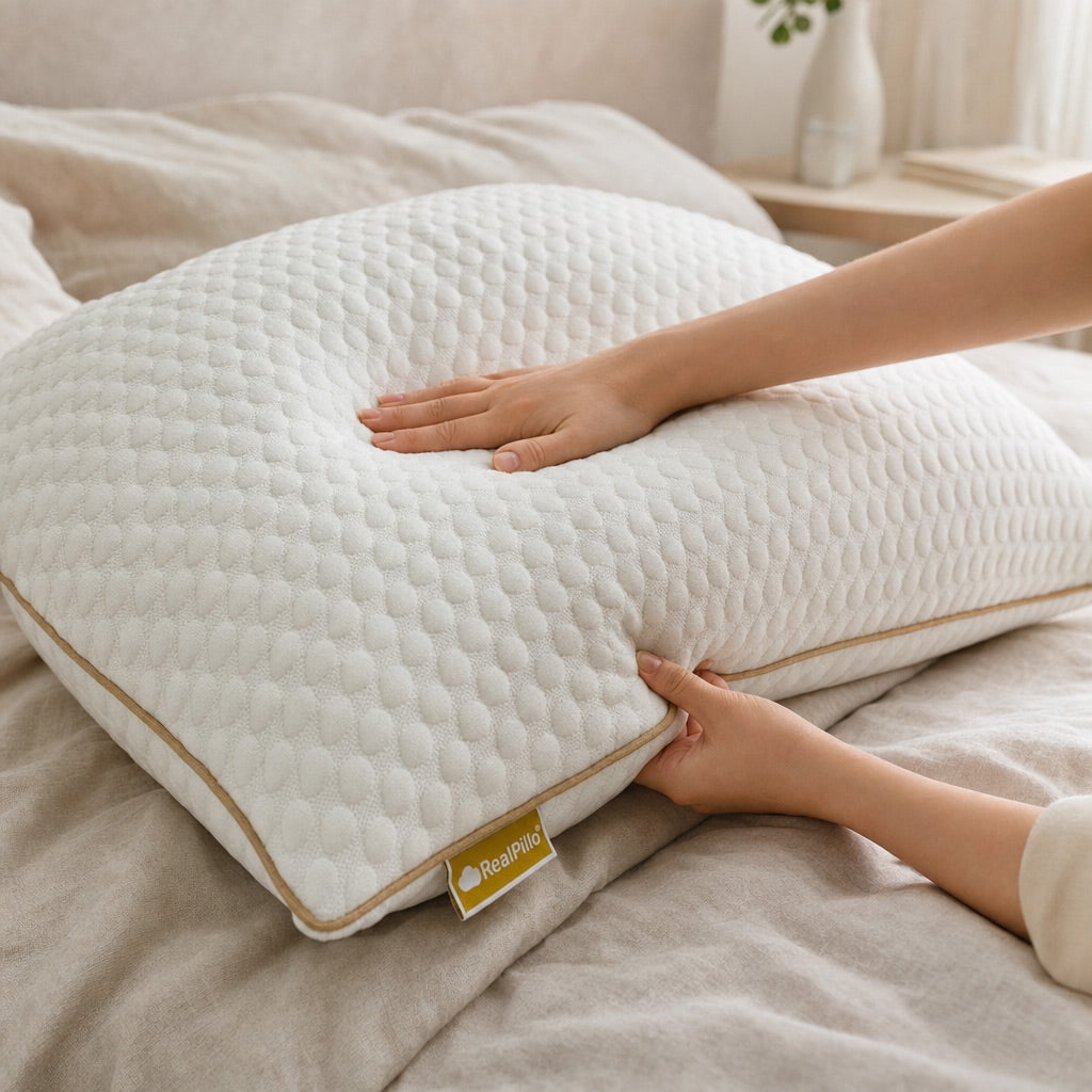 A white quilted pillow with a diamond texture and beige piping, shown on a bed with a person's hands pressing down on it. A small gold tag on the corner reads RealPillo.
