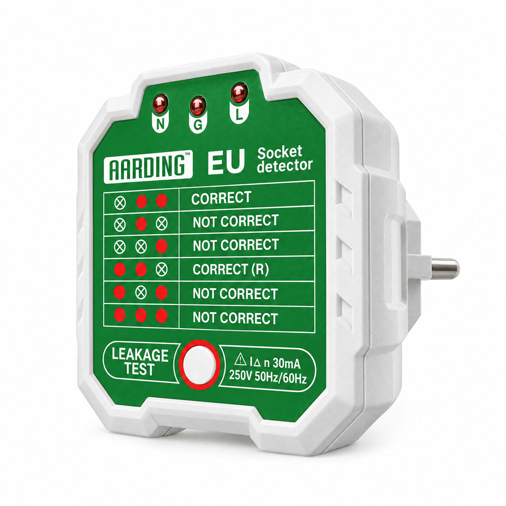 A white and green AARDING EU grounding socket tester with red LED indicators and a plug on the side, shown on a white background.