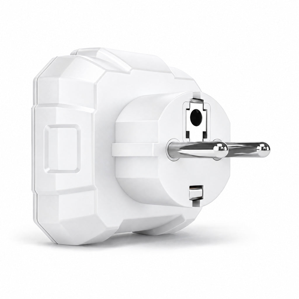 The backside, showing the connectors, of white and green AARDING EU grounding socket tester, shown on a white background.