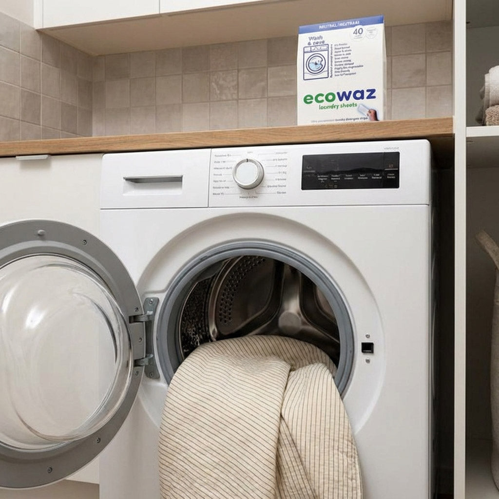 White washing machine with open door showing a grounding blanket with Aarding® Ecowaz® detergent box on a shelf in the background.