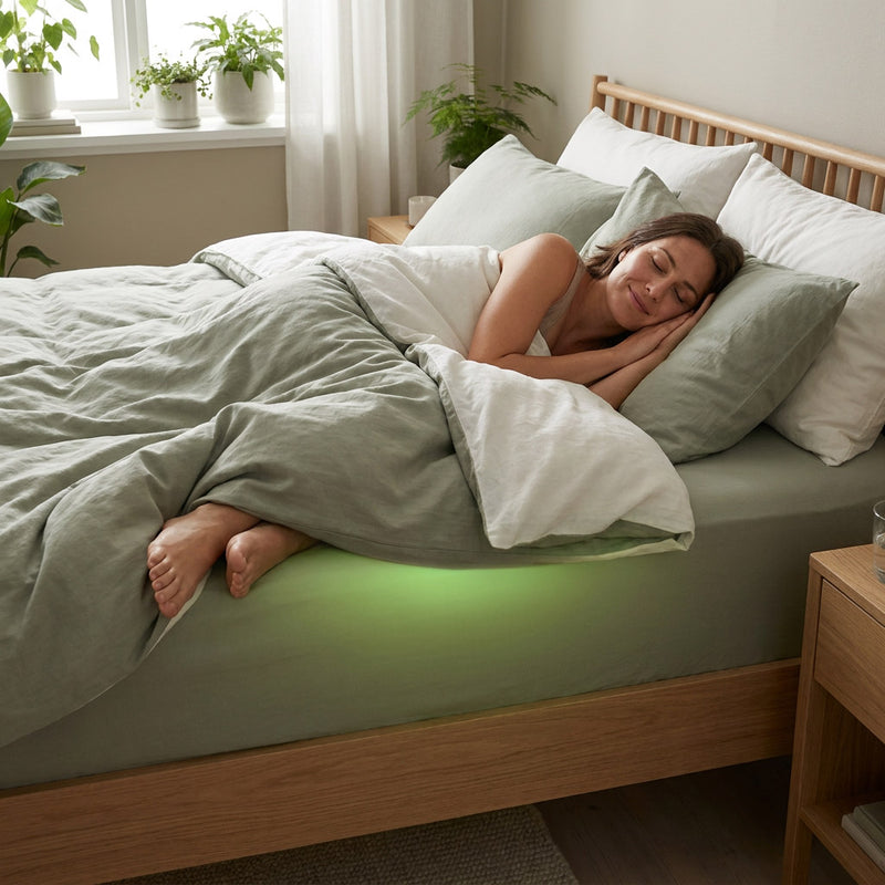 Woman sleeping peacefully & grounded in a bed with green bedding with glowing effect.