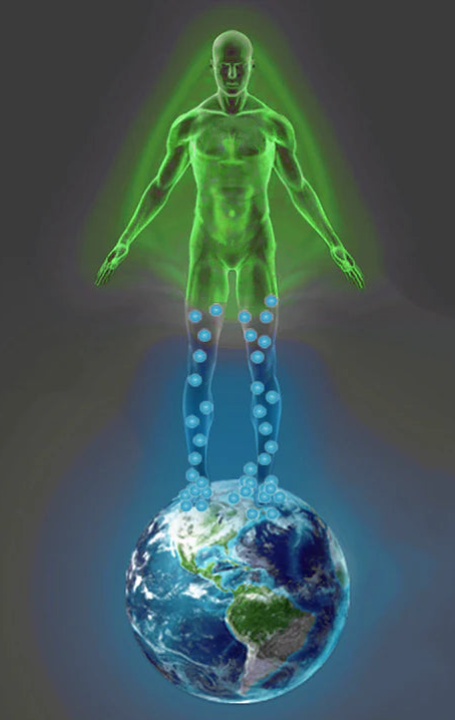 Infographic of a grounded man receiving the earth's electrons to lower his body voltage