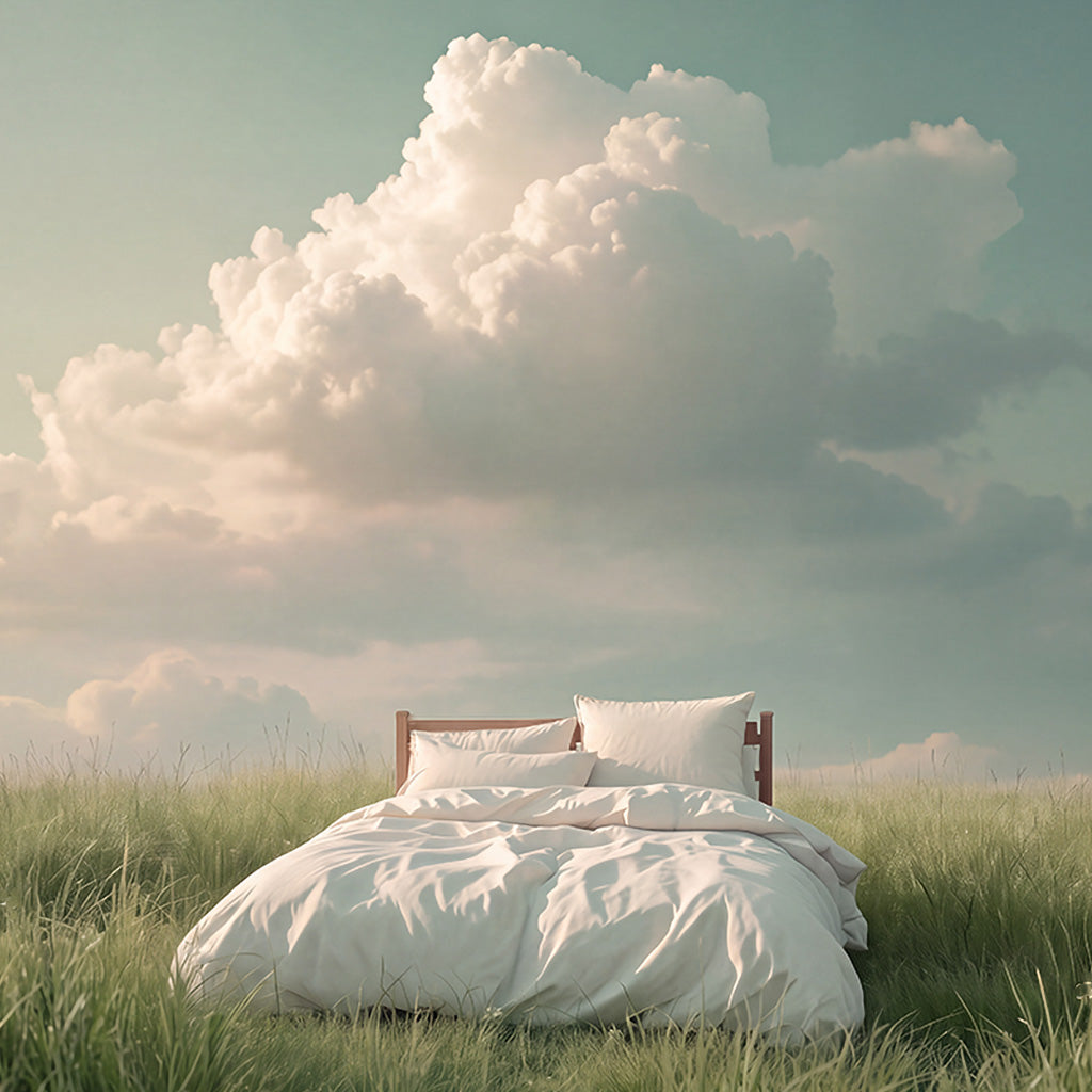 A grounded bed with white Reallin® bedding and RealPillo® pillows sits in a grassy field under a large cloudy sky.