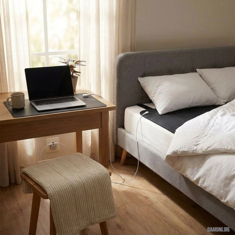 Laptop on a grouning mat on a wooden desk next to a bed with with a black carbon leather grounding sleep mat on it.