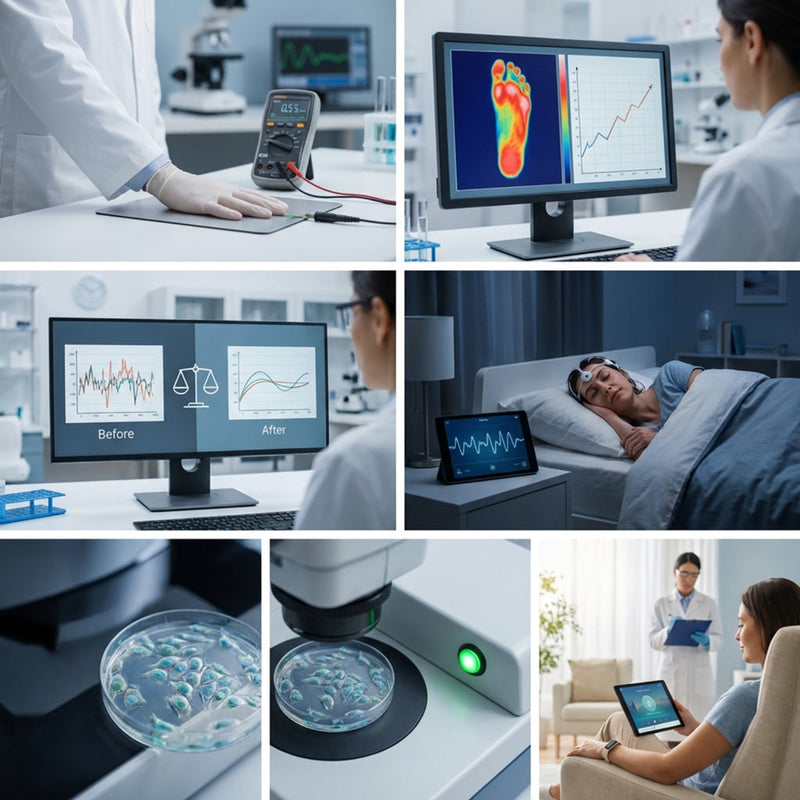 A 7-panel collage about checking grounding or earthing scientifically, showing a medical laboratory and a patient-monitoring scene.
