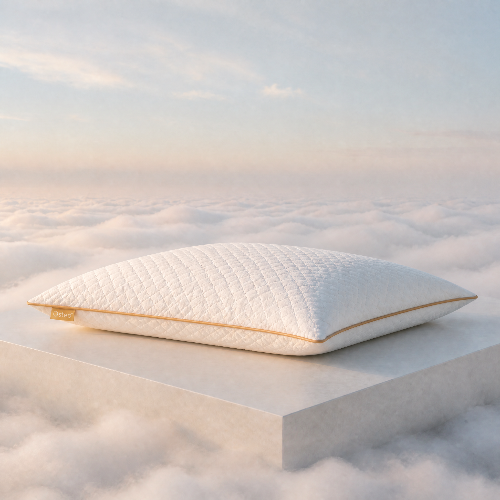 A white quilted RealPillo® pillow, lower thickness, with a thin gold trim resting on a white platform above a sea of clouds under a soft pastel sky.