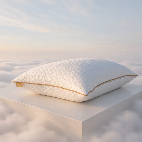 A white quilted RealPillo® pillow, full thickness, with a thin gold piping trim resting on a white platform above a sea of clouds under a soft pastel sky.