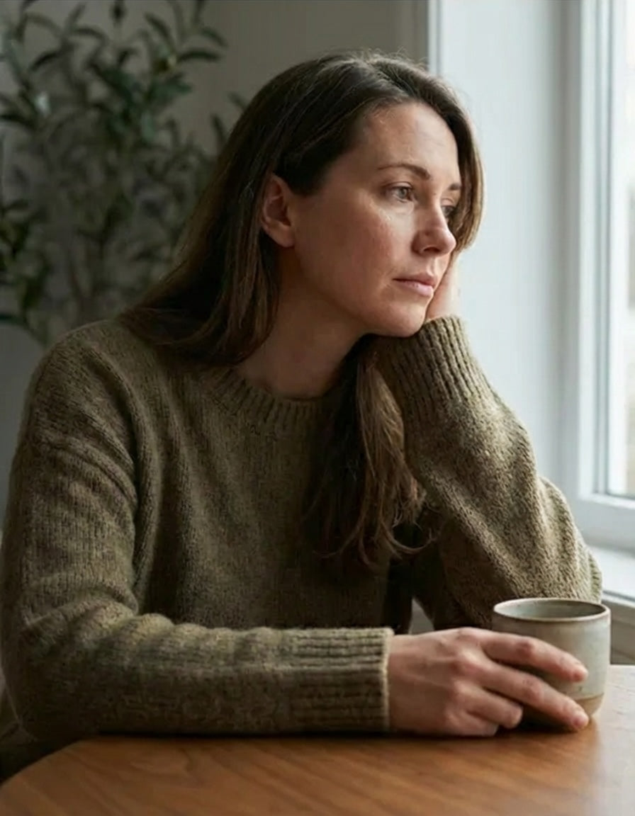 Stressed woman in a green sweater holding a mug, sitting by a window with natural light.