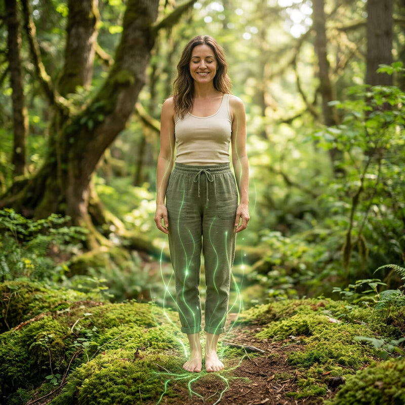 Woman standing in a forest with glowing green energy around her feet