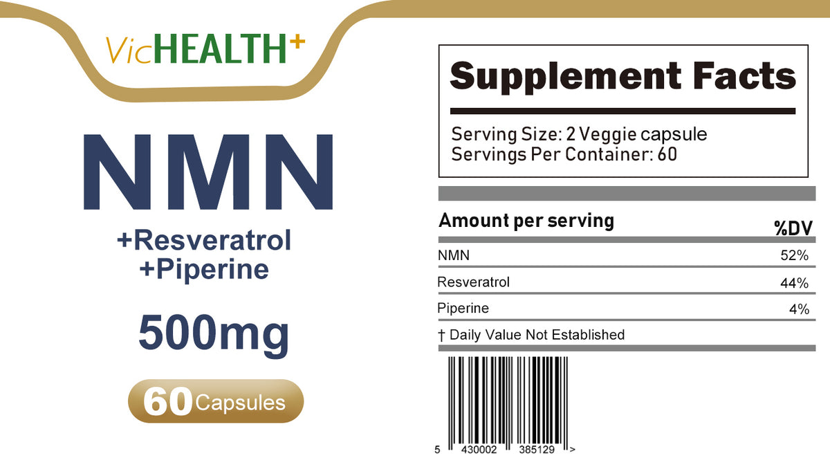 NMN  + Resveratrol &amp; Piperine - 500mg, 60 capsules, label